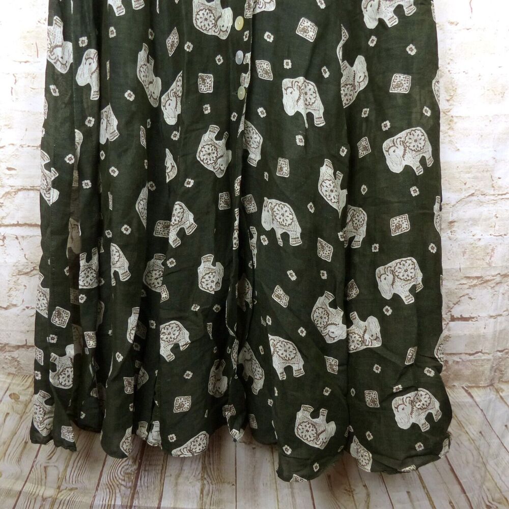 Betty Barclay Dress Womens 38 Green Ethnic Elephant Print Linen Blend Button VTG - Picture 7 of 15